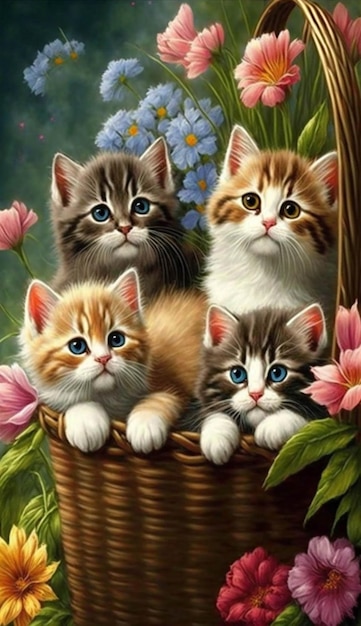 Vier Kätzchen in einem Korb, umgeben von generativen Blumen