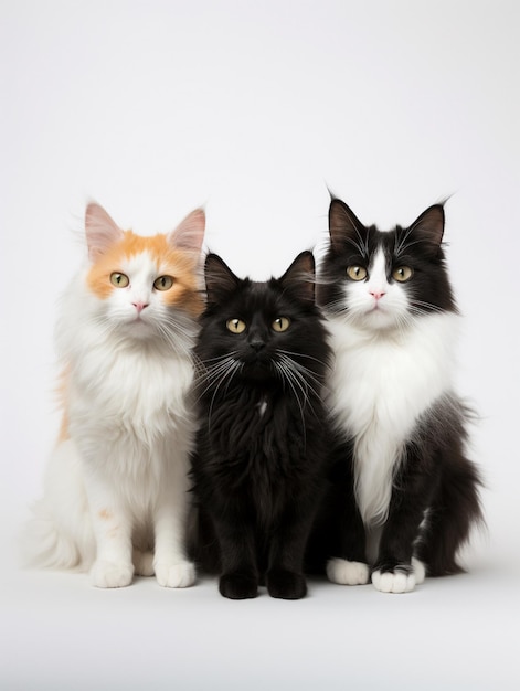 vier Katzen posieren zusammen, eine hat eine weiße und orangefarbene, schwarze und weiße Katze.