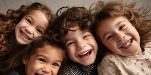 Vier Kinder lächeln und umarmen sich