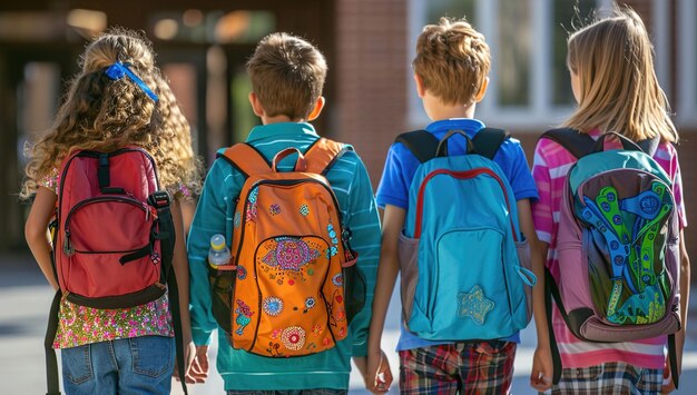 Foto vier kinder laufen zusammen und tragen jeweils einen rucksack