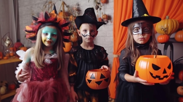 Vier Kinder posieren für die Kamera, gekleidet in Karnevals-Outfits und unheimlichem Make-up. Generative KI