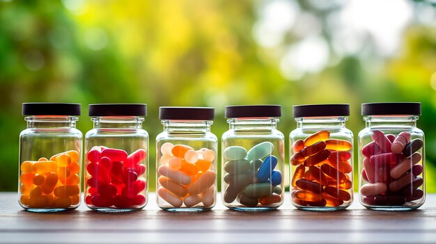 vier kleine Flaschen Pillen mit verschiedenen Farben verschiedener Farben