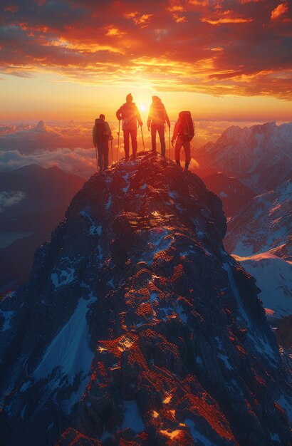 Foto vier kletterer stehen auf der bergspitze