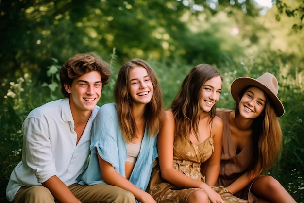 Foto vier lächelnde junge menschen sitzen in einem park