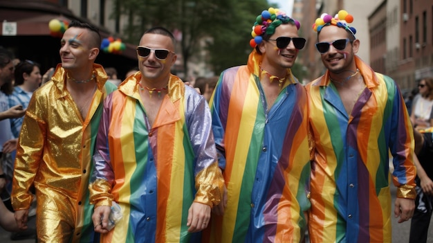 Vier Männer, die Regenbogenregenmäntel und Regenbogenponcho tragen, stehen in einer Parade.