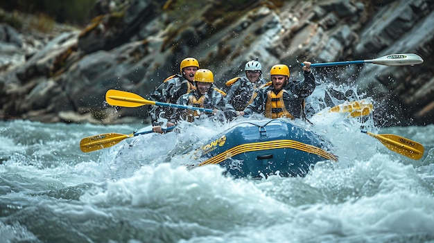 Vier Menschen auf einem Floß navigieren über einen Fluss, das Wasser ist unruhig und die Menschen tragen alle Helme und Rettungswesten.