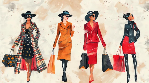 Foto vier modische frauen laufen auf einem laufsteg entlang. sie tragen alle unterschiedlich farbige anzüge und tragen einkaufstaschen.