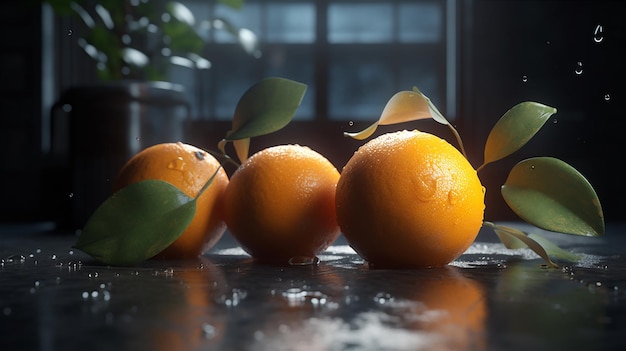 Vier Orangen auf einem Tisch mit Blättern darauf