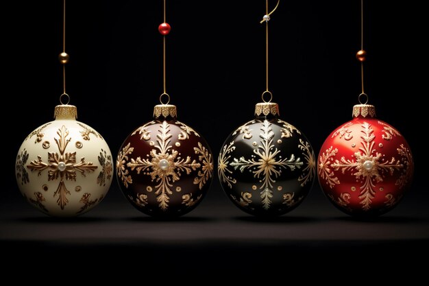 Foto vier ornamente hängen an einer schnur auf einem schwarzen hintergrund