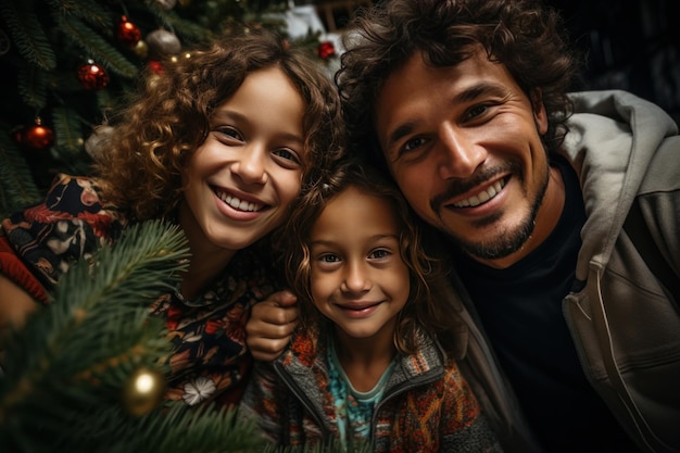 Vier Personen stehen über einem Weihnachtsbaum