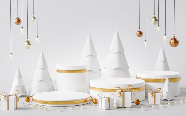 Foto vier podium bühnenshow produkt weihnachtsbaumkugel ornament geschenkbox lichter hängend weiß golden 3d render