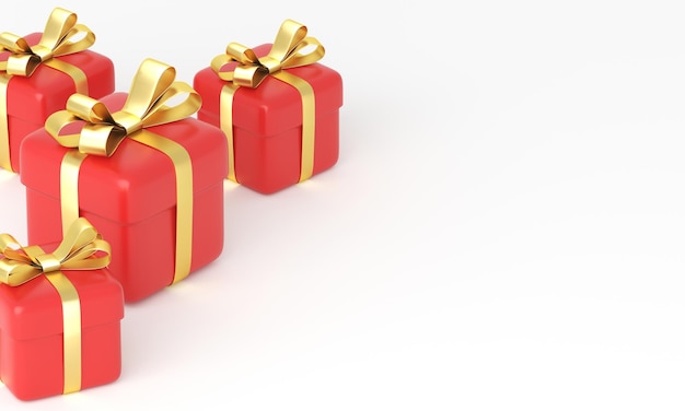 Vier rote Weihnachtsgeschenkboxen mit goldenen bows.on weißem Hintergrund. 3D-Rendering