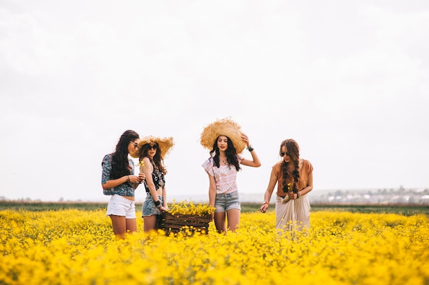 vier schöne Hippie-Mädchen in einem Feld von gelben Blumen