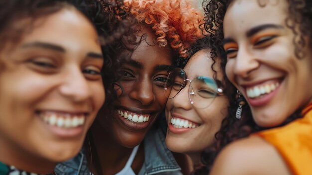 Vier schöne junge farbige Frauen sind dicht beieinander, lächeln und lachen, alle tragen lässige Kleidung und haben unterschiedliche Frisuren.