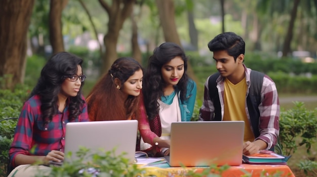 Vier Studenten mit Laptops in einem Park, Bildung Stockbilder