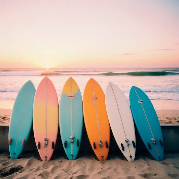 Vier Surfbretter sind am Strand angeordnet, von denen eine das Wort "Surfen" trägt