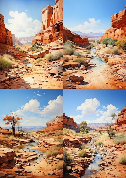 Vier Tafeln mit Wüstenlandschaften mit roten Felsen und einem Fluss