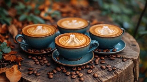 Vier Tassen Cappuccino mit Latte Art auf einem Holztisch