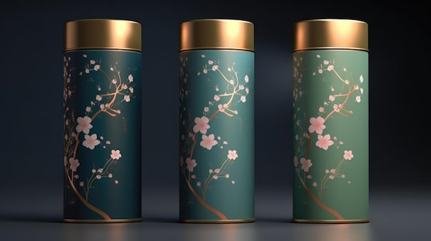 Vier Teedosen mit einem gold-grünen Etikett mit der Aufschrift „Kirschblüte“ auf der Vorderseite.