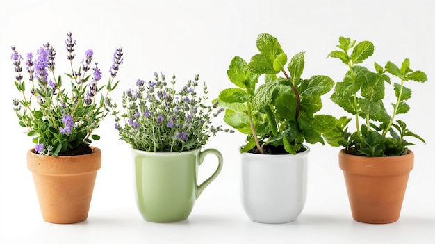 Vier Topfpflanzen mit Lavendel und Minze, die grüne Blätter und lila Blüten gegen eine weiße Farbe zeigen