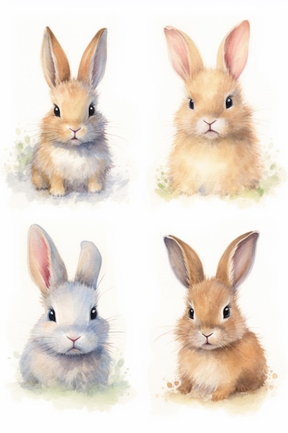 vier unterschiedlich farbige Kaninchen in einer Reihe auf einem weißen Hintergrund generativ ai