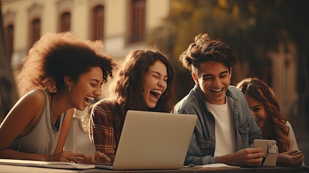 Vier vielfältige, fröhliche Studenten lachen miteinander und bilden eine eng verbundene Gruppe des Glücks.