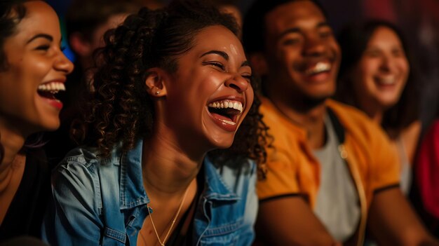 Vier vielfältige junge Freunde lachen und genießen ein Konzert zusammen, alle tragen lässige Kleidung und sitzen dicht beieinander.