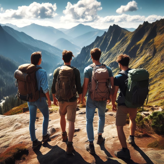 Vier Wanderer auf dem Gipfel eines Berges bewundern die malerische Landschaft von sonnigen Gipfeln und Tälern