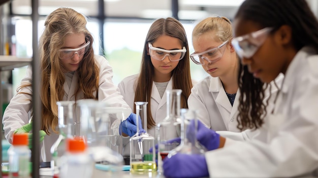 Foto vier weibliche studenten, die labormäntel und schutzbrillen tragen, arbeiten an einem wissenschaftlichen experiment in einem schullabor