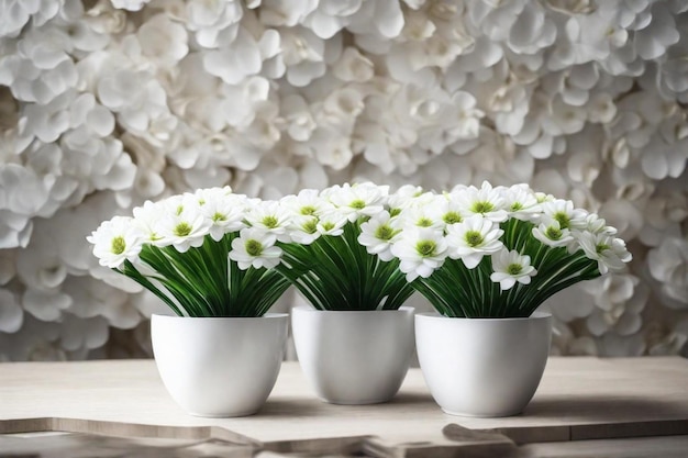 vier weiße Blumentopfen mit weißen Blumen, von denen eine ein grünes Blatt hat