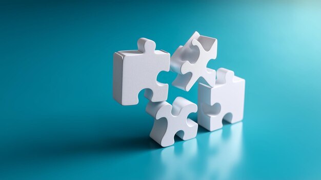 Vier weiße Puzzle-Stücke auf blauem Hintergrund, die Problemlösung und Zusammenarbeit bei kreativen Projekten symbolisieren