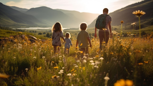 Vierköpfige Familie geht auf einem Blumenfeld spazieren