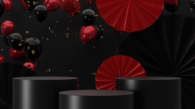 Viernes negro 3d render podio negro abstracto con maqueta de exhibición de producto de fondo negro y rojo