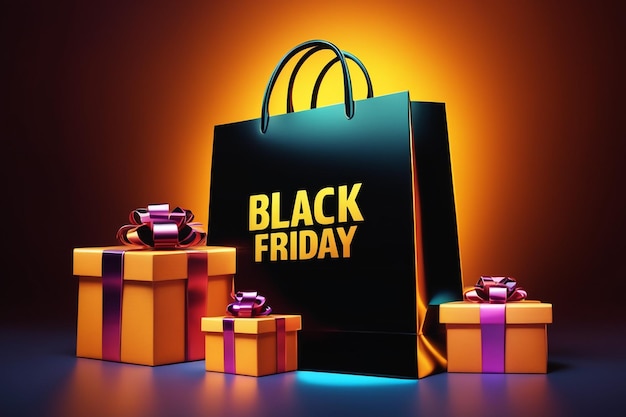 Viernes negro con bolsa de envío y caja de regalo Concepto de compras en línea en viernes negro