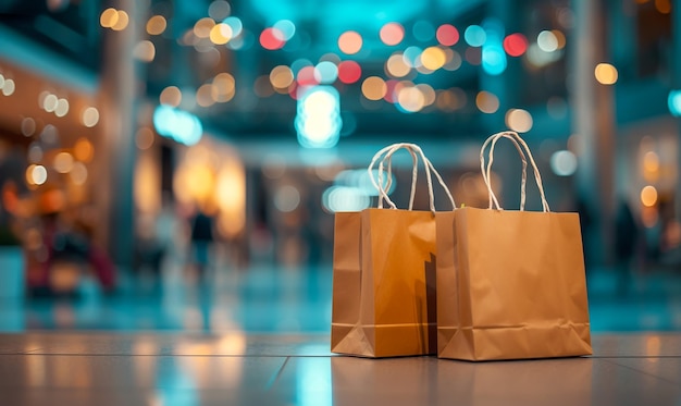 viernes negro en un centro comercial con dos bolsas de papel marrón en el estilo de bokeh oro claro y lig