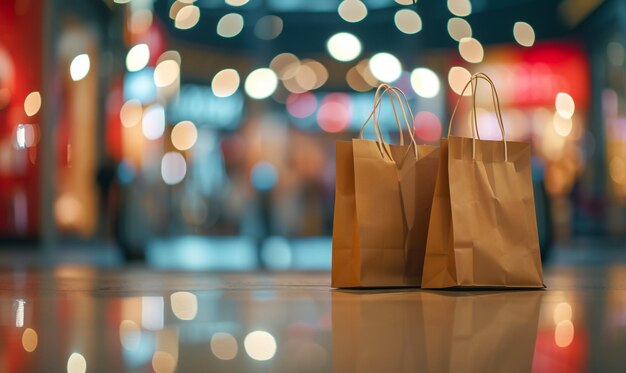 viernes negro en un centro comercial con dos bolsas de papel marrón en el estilo de oro claro bokeh y