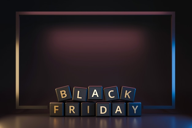 Viernes negro dados con acción de gracias y Navidad en marco de luz de neón oscuro. Descuento y oferta especial para vacaciones de venta. Render 3D realista.