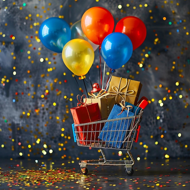 Viernes Negro fondo de bolsas de compras en el carrito con regalos y globos para el lunes cibernético en frente o