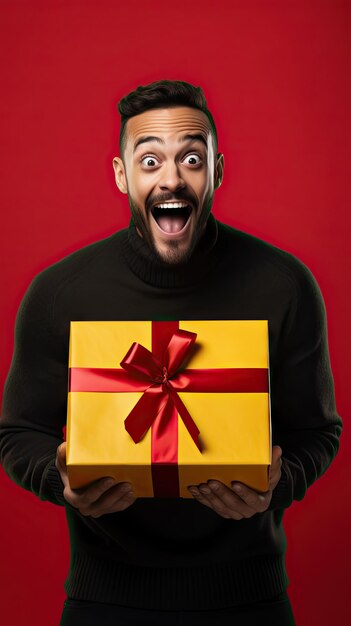 Viernes Negro hombre con caja de regalos felizmente sorprendido