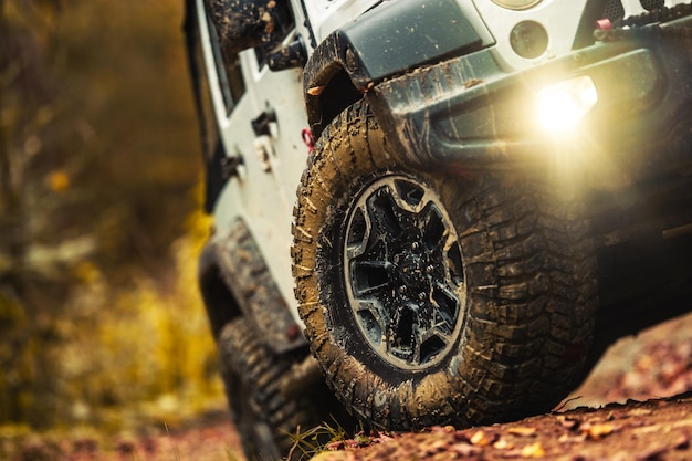 Vierradantriebsfahrzeug Offroad-Reifen Close Up Muddy Woodland Road Drive