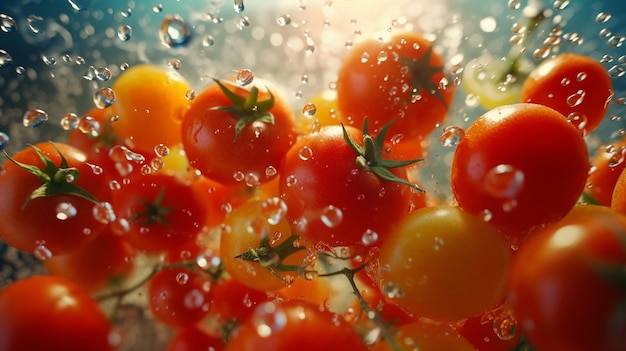 Se vierte un montón de tomates en un recipiente con gotas de agua