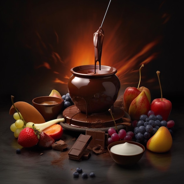 Se vierte una olla de chocolate en un recipiente con fruta y fruta.