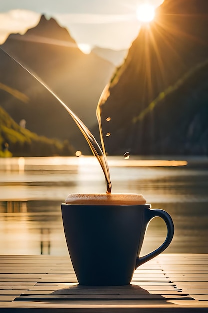 Se vierte una taza de café en un lago con el sol brillando a través de las nubes.