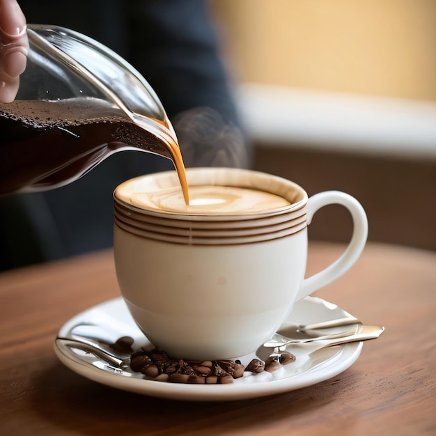 Se vierte una taza de café en un vaso.