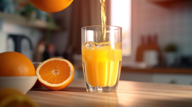 Se vierte un vaso de jugo de naranja en un vaso.