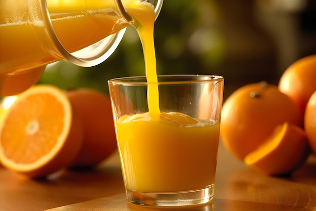 Se vierte un vaso de jugo de naranja en un vaso.