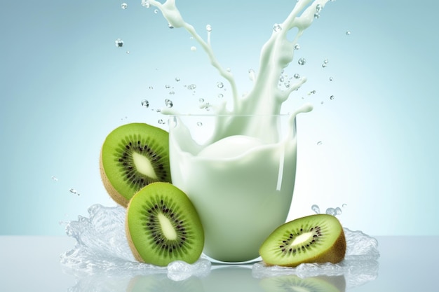 Se vierte un vaso de leche de kiwi en un vaso con la palabra kiwi.