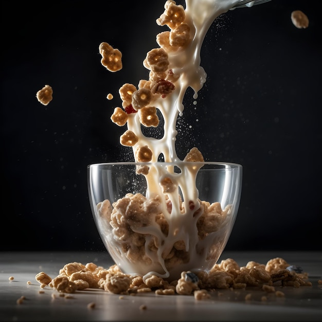 Se vierte un vaso de leche y un tazón de cereal.