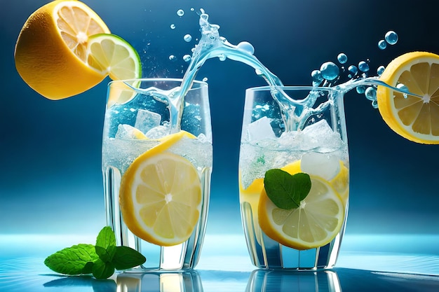 Se vierte un vaso de limonada en un vaso con una hoja verde y un fondo azul.