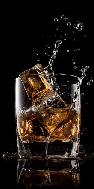Se vierte un vaso de whisky en un vaso con cubitos de hielo.